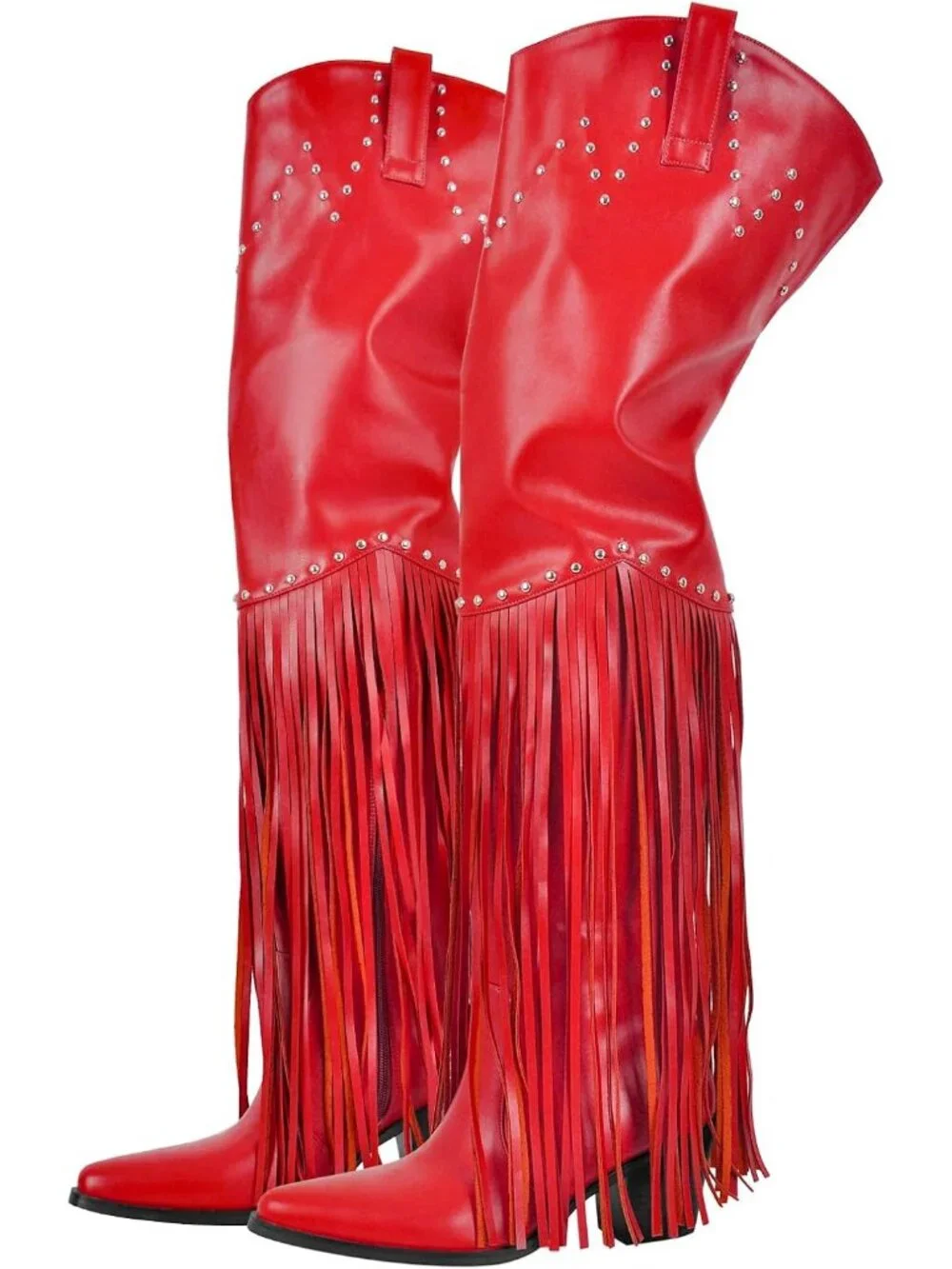Women's Red Pointed Toe Fringe Wide Calf Cowgirl Over The Knee High Boots